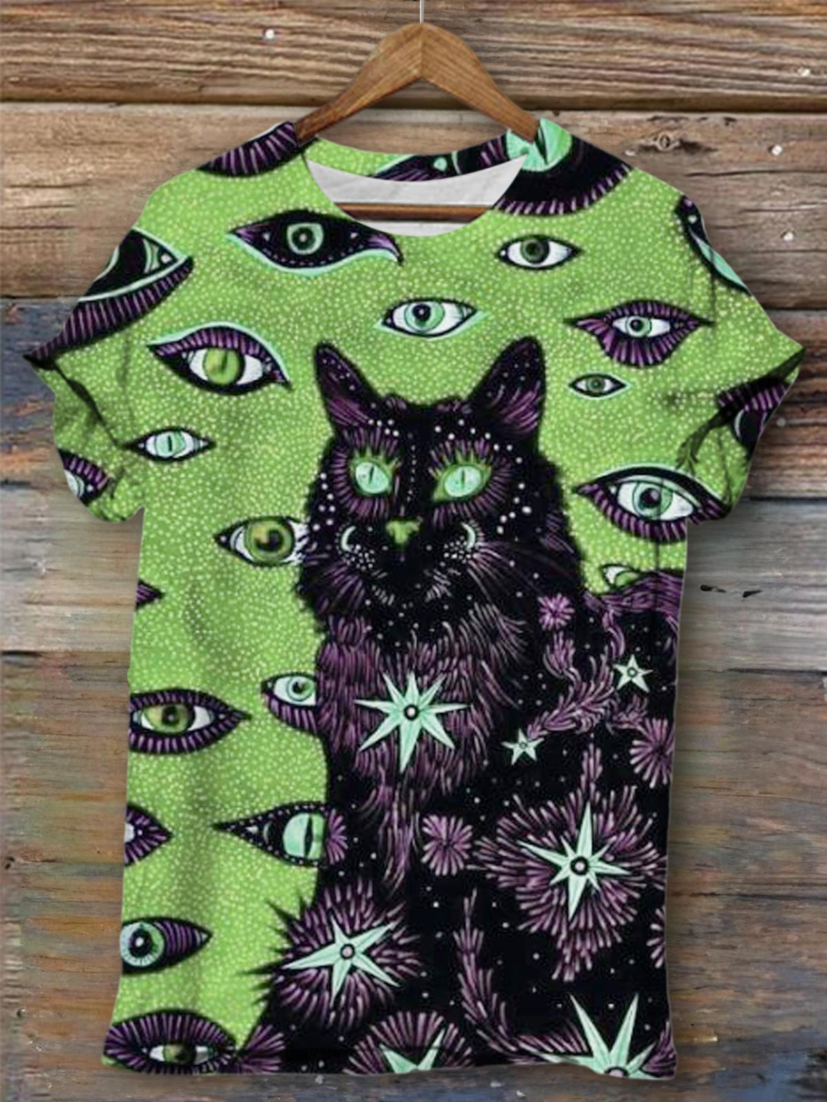 Black Cat with Eyes Print Crew Neck T-Shirt