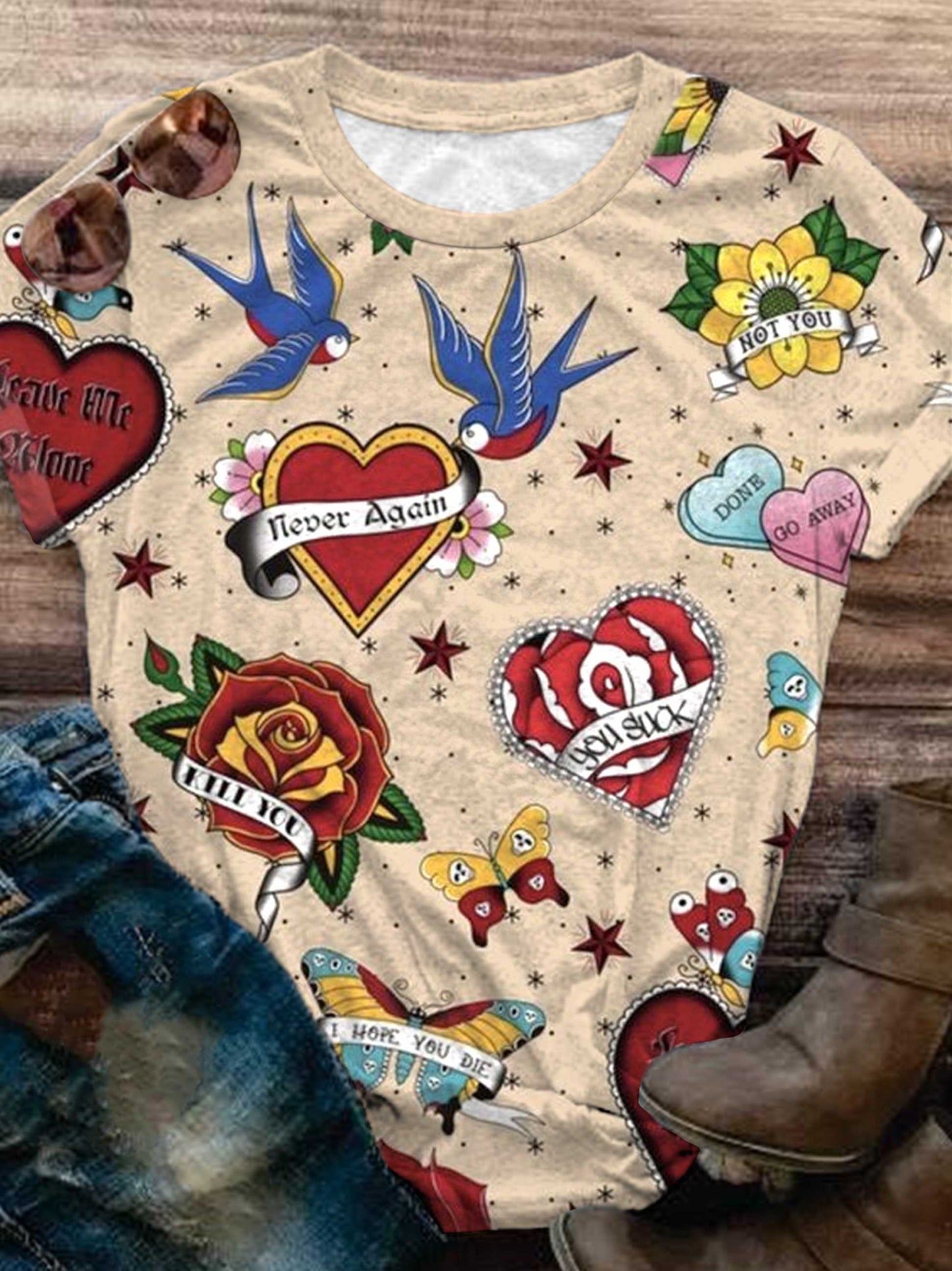 Broken Hearts Retro Print Crew Neck T-Shirt