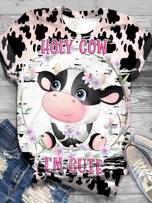 Cow Floral Tie Dye Crew Neck T-shirt