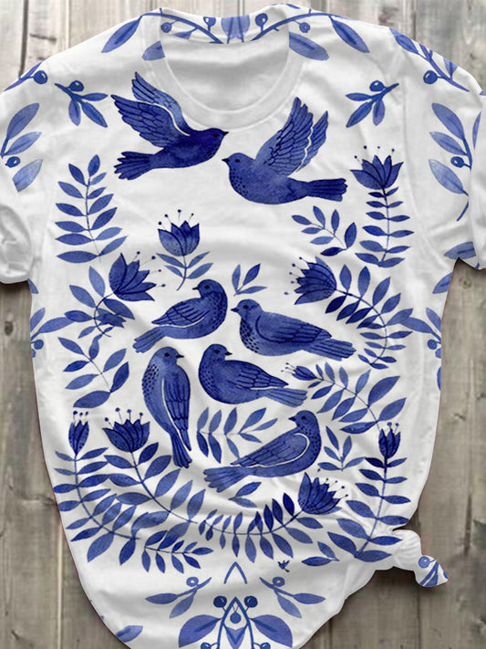 Delft Blue Birds And Flowers Crew Neck T-shirt