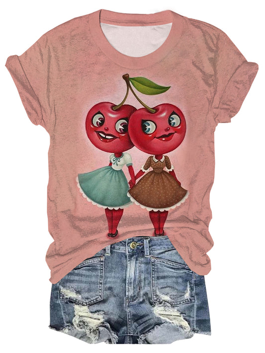 Cherry Cartoon Character Print Crew Neck T-Shirt