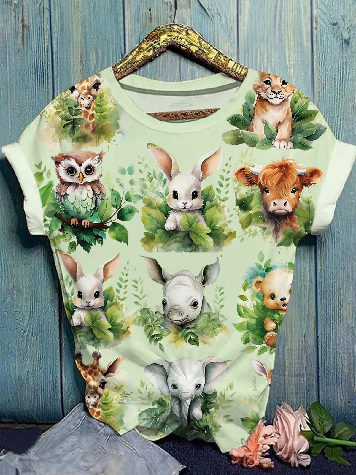Women's Forest Baby Animals Printed Casual Tops
