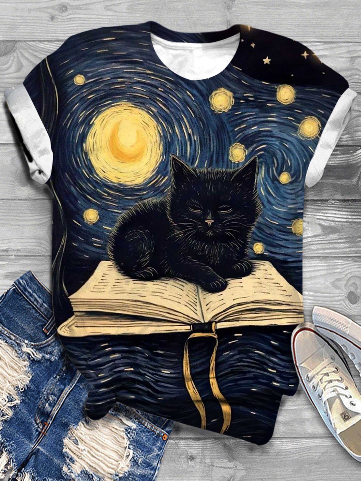 Book and Black Cat Print Crew Neck T-Shirt
