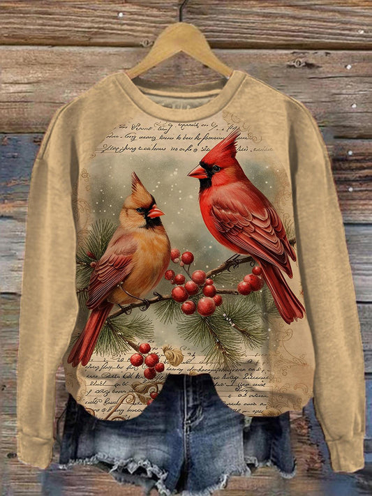 Vintage Cardinal Bird Print Long Sleeve Women's Top