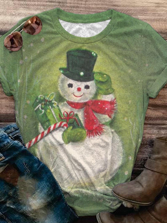 Vintage Winter Snowman Print Crew Neck T-Shirt