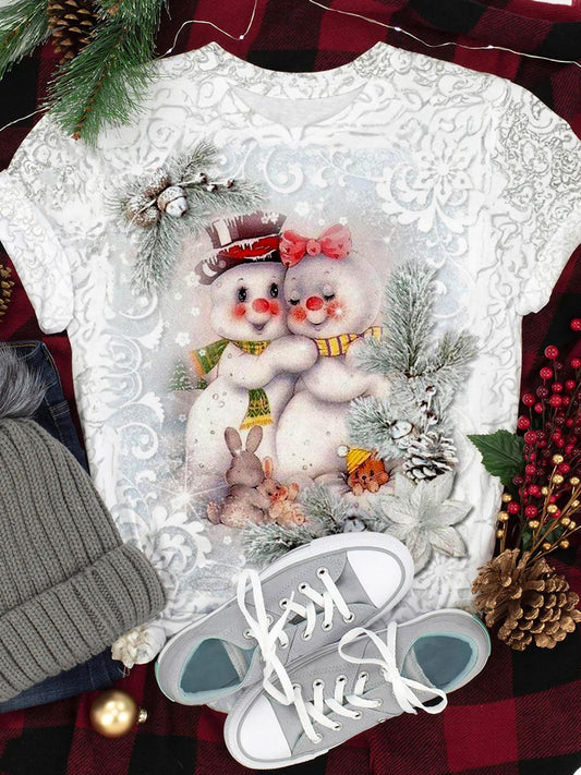 Snowman And Rabbits Crew Neck T-shirt