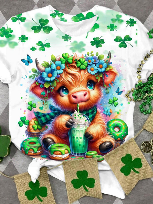 Green Floral Baby Highland Cow Crew Neck T-shirt