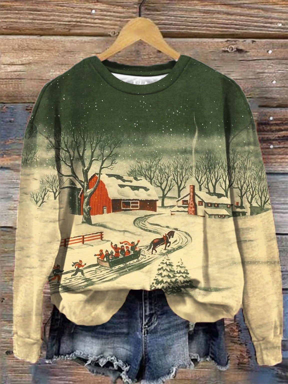 Women's Retro Winter Printed Round Neck Long Sleeve Top