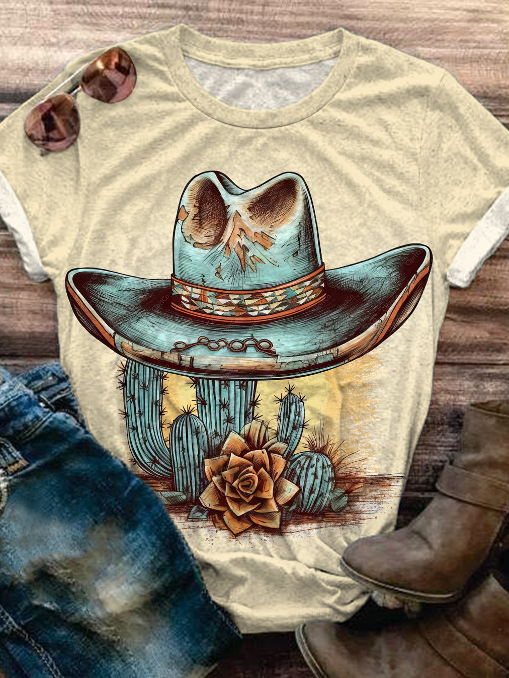 Cactus Cowboy Hat Print Crew Neck T-shirt