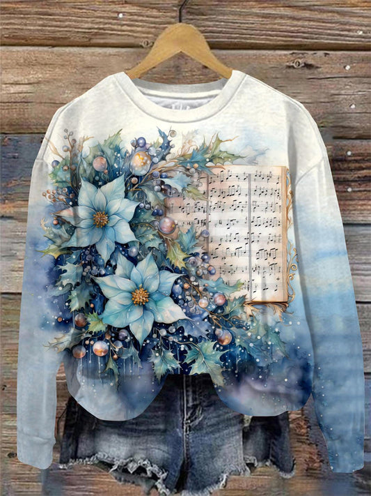 Vintage Christmas Floral and Music Print Notes Round Neck Long Sleeve Top