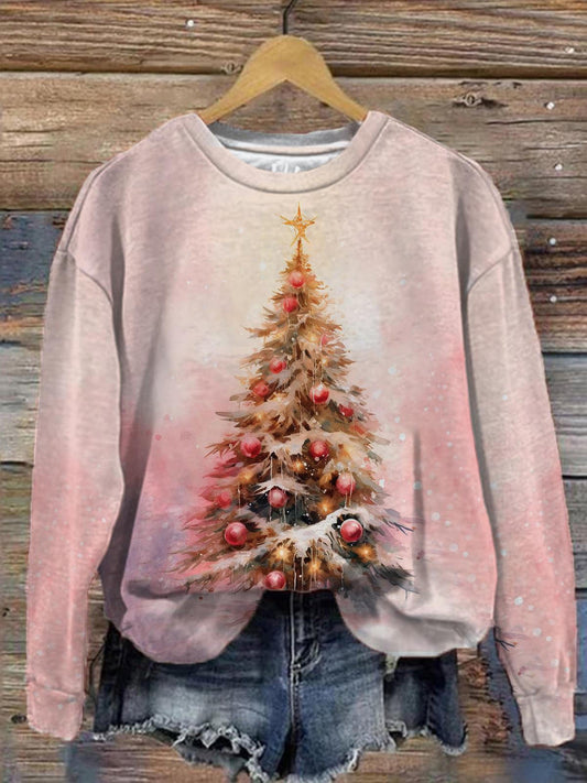 Women's Pink Christmas Tree Print Long Sleeve Top