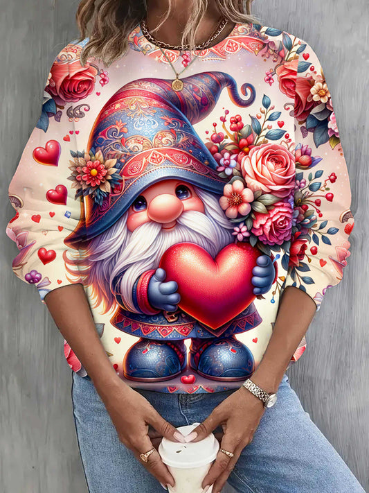 Valentines Day Gnome Round Neck Long Sleeve Top