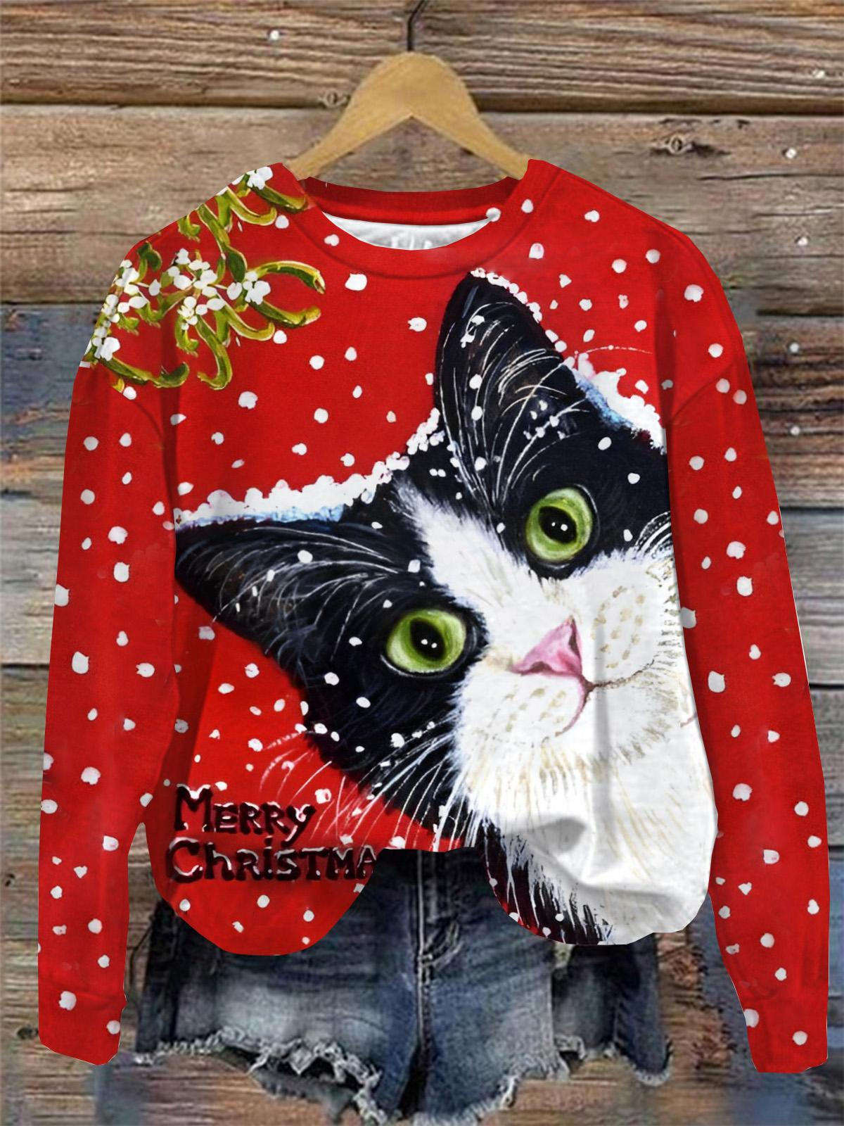 Christmas Cat Print Round Neck Long Sleeve Top