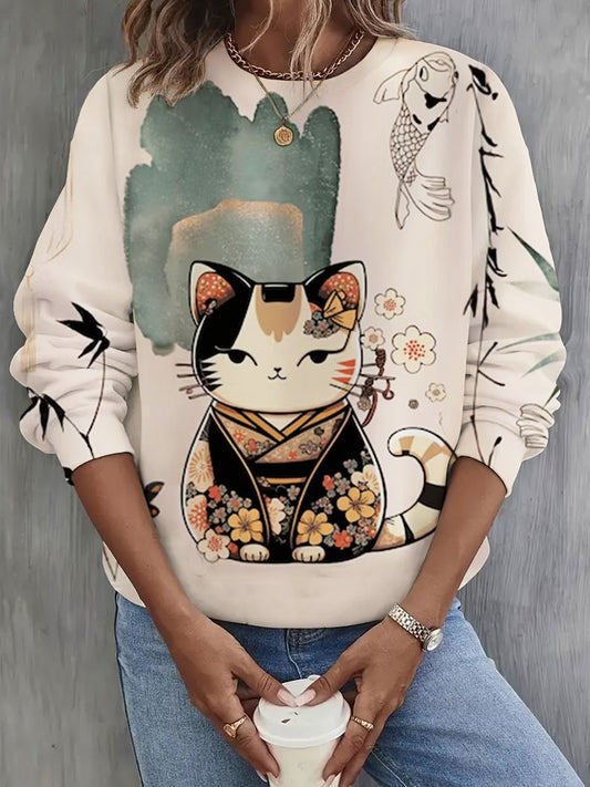 Cute Cat Print Long Sleeve Casual Top