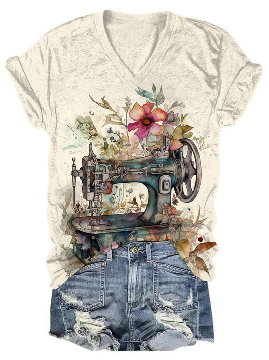Women's Sewing Machine Floral Print V Neck Top