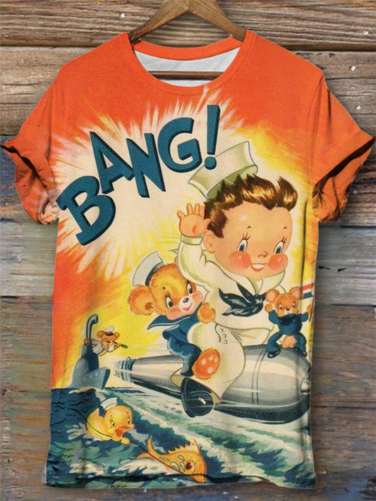 "Bang"Sailor Riding Torpedo Print Crew Neck T-Shirt