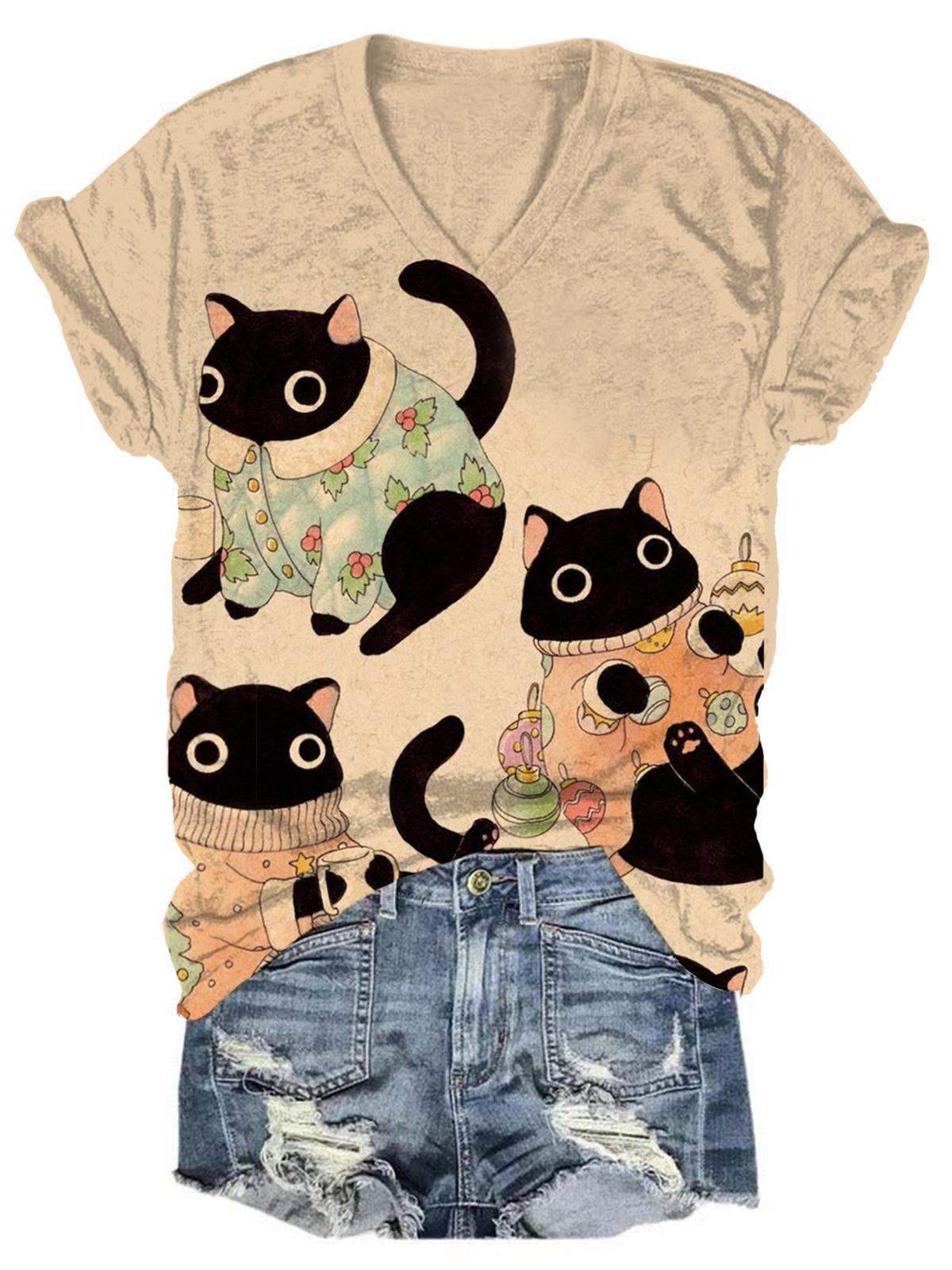 Women's V Neck Cat Print Top