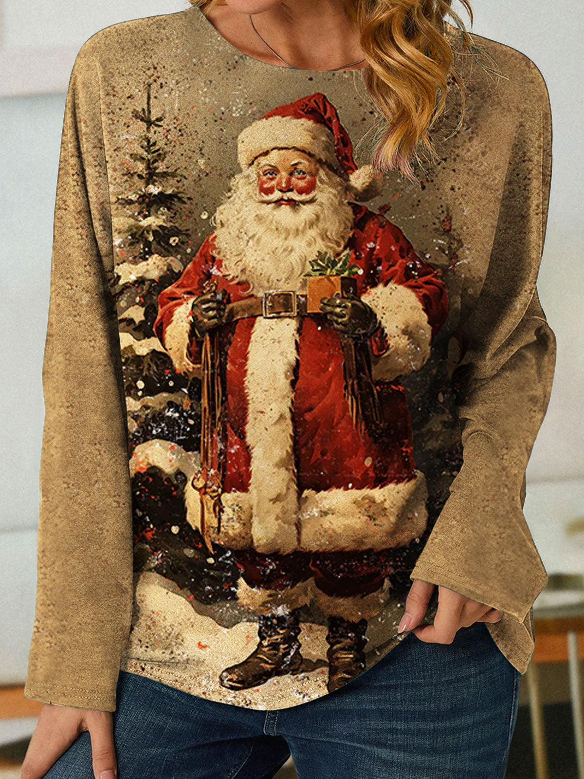 Vintage Victorian Santa Print Long Sleeve Casual Top
