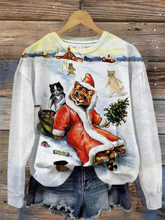Christmas Cat Print Round Neck Long Sleeve Top