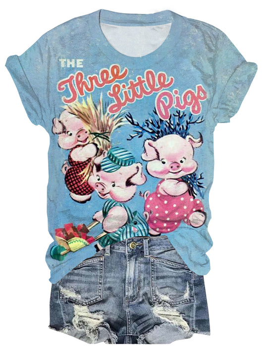 Retro Little Pig Print Round Neck T-Shirt