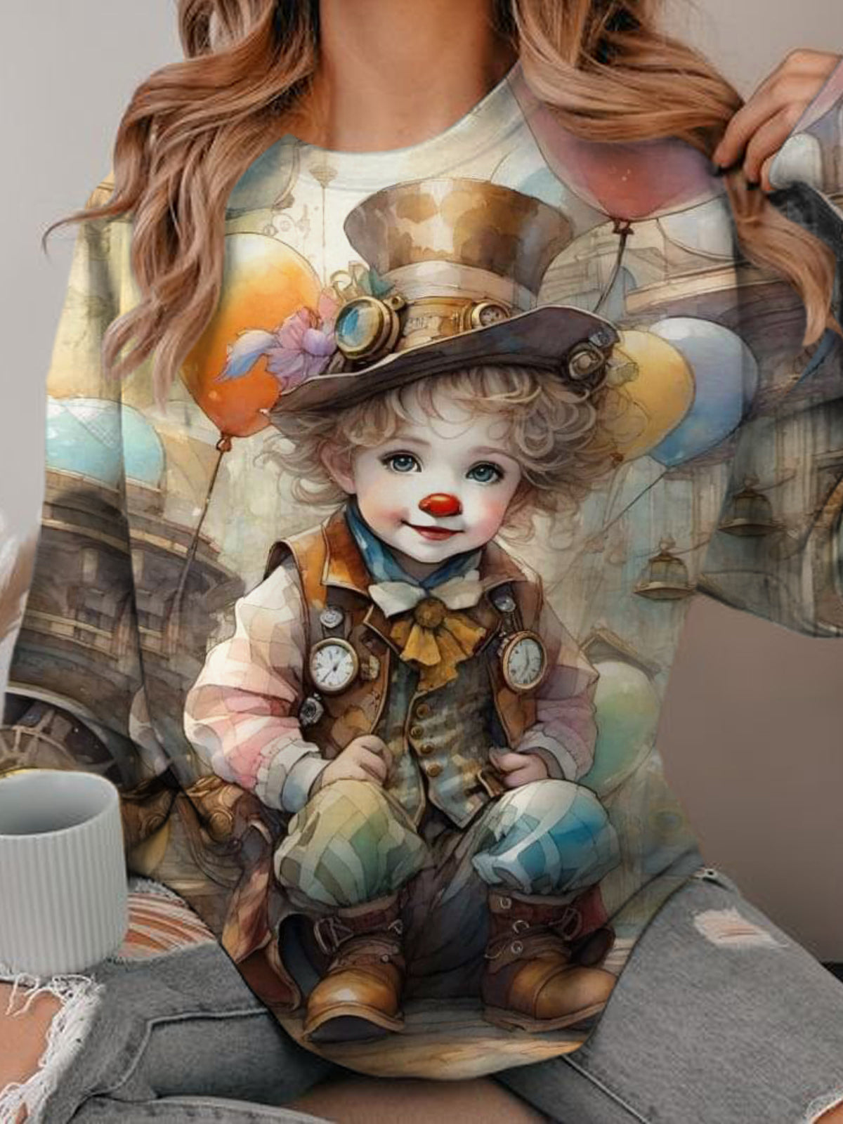 Women's Clown Print Round Neck Long Sleeve Top