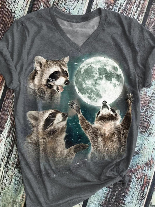 Three Raccoons Print V-Neck Short Sleeve T-Shirt