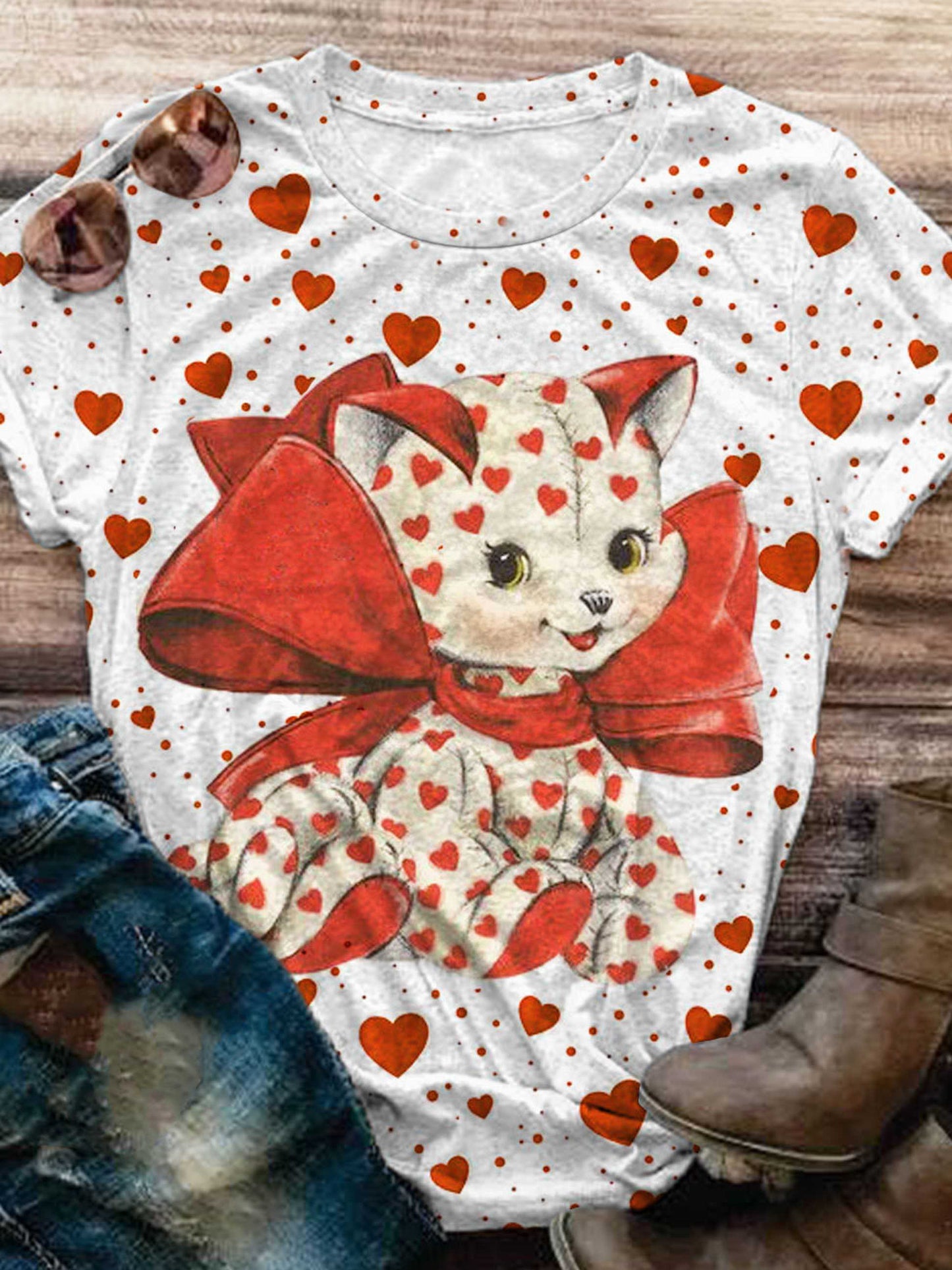 Heart Kitty Print Crew Neck T-Shirt