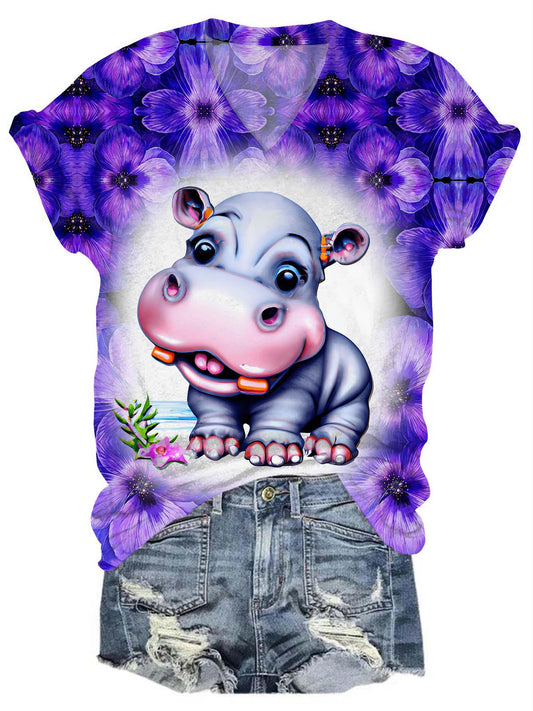 Hippopotamus Flower V-Neck T-Shirt