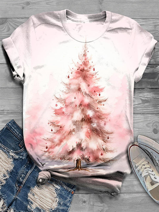 Pink Christmas Tree Crew Neck T-Shirt