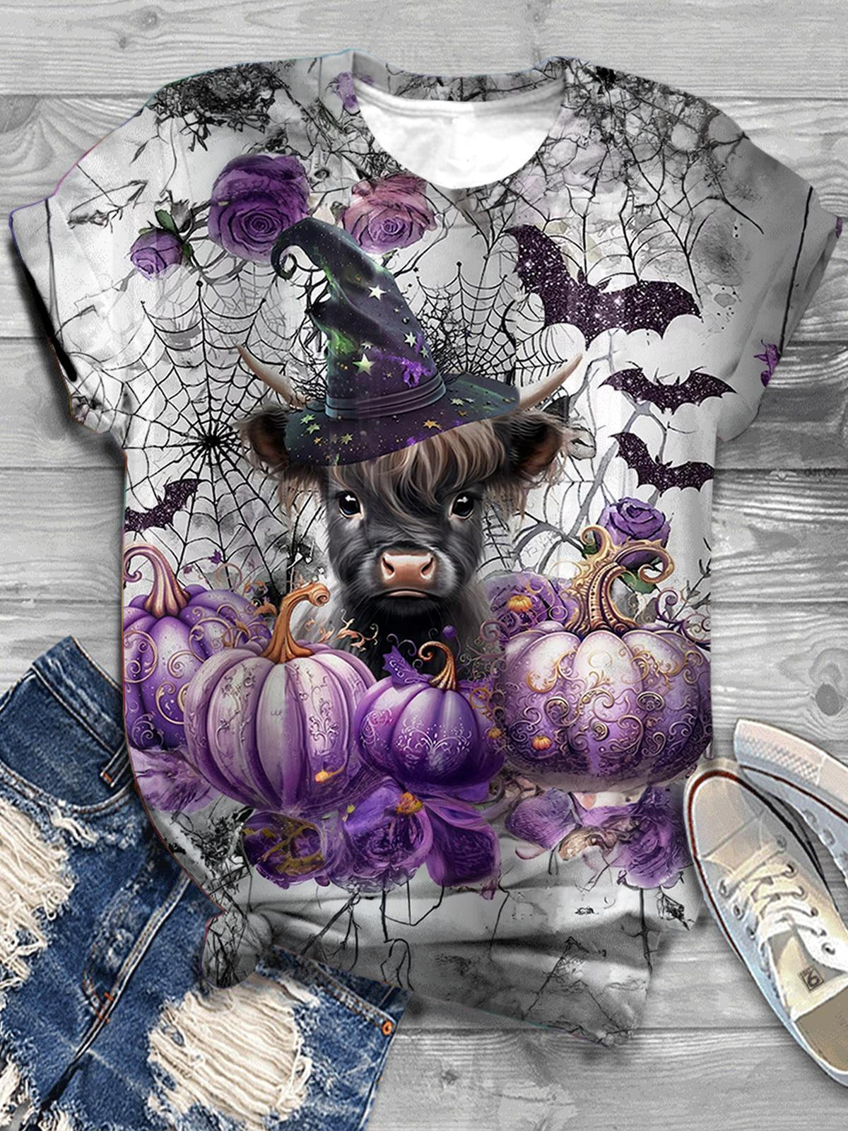 Women's Halloween Pumpkin Highland Cow Print Top