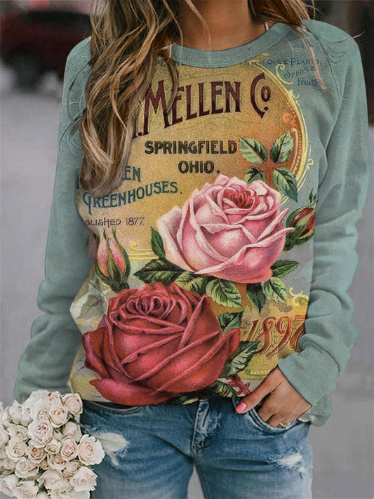 Retro Floral Poster Print Long Sleeve Top
