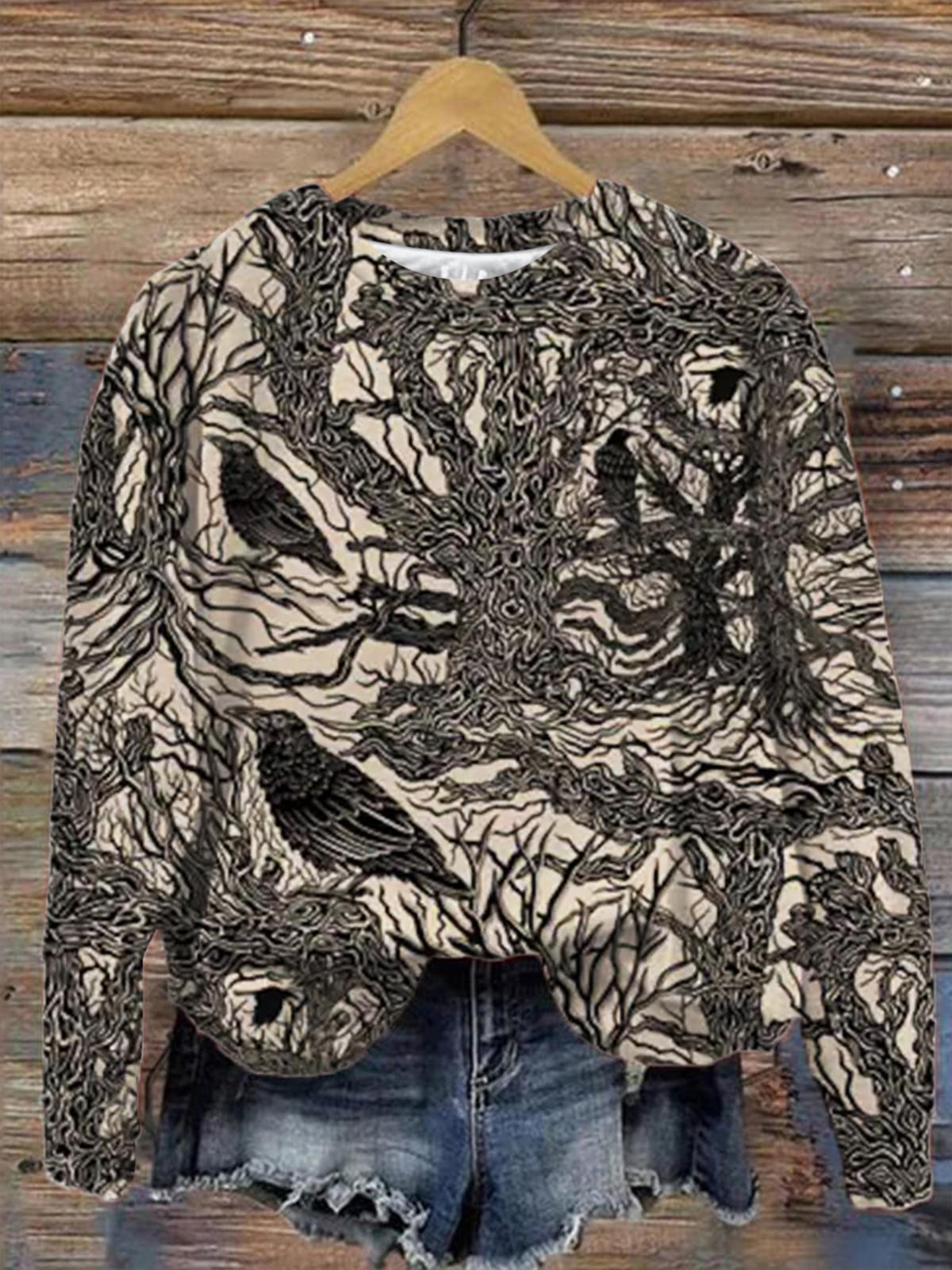 Greenwich Village Ravens Print Round Neck Long Sleeve Top