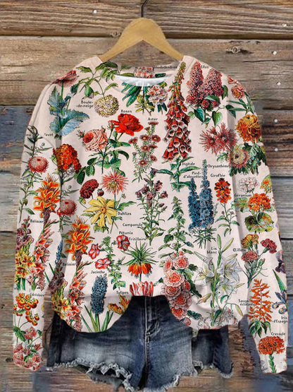 Women's Vintage Floral Print Round Neck Long Sleeve Top
