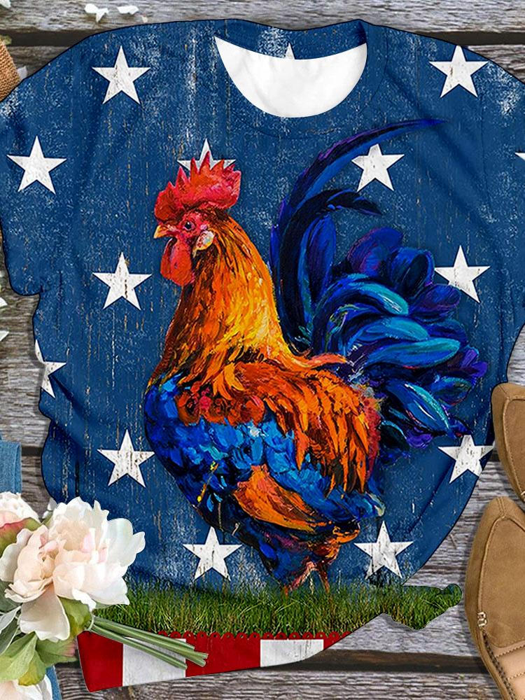 Red Blue Star Rooster Print Casual T-shirt