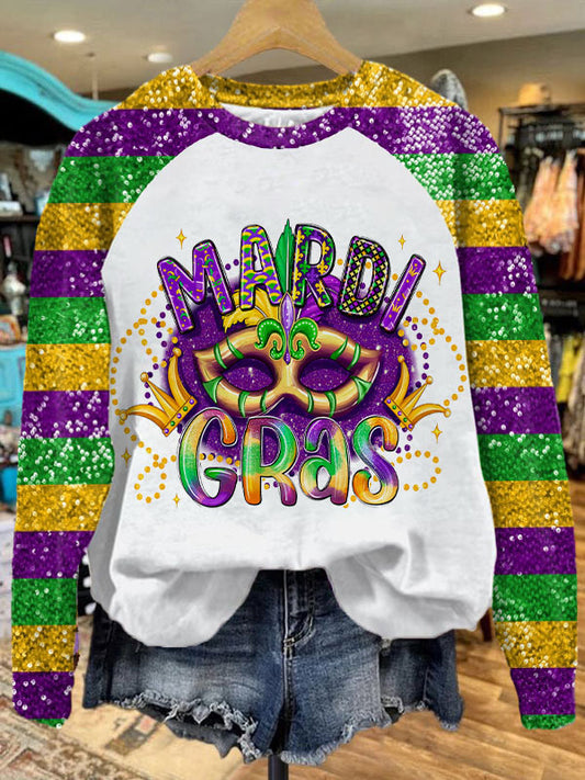 Happy Mardi Gras Mask Print Long Sleeve Top