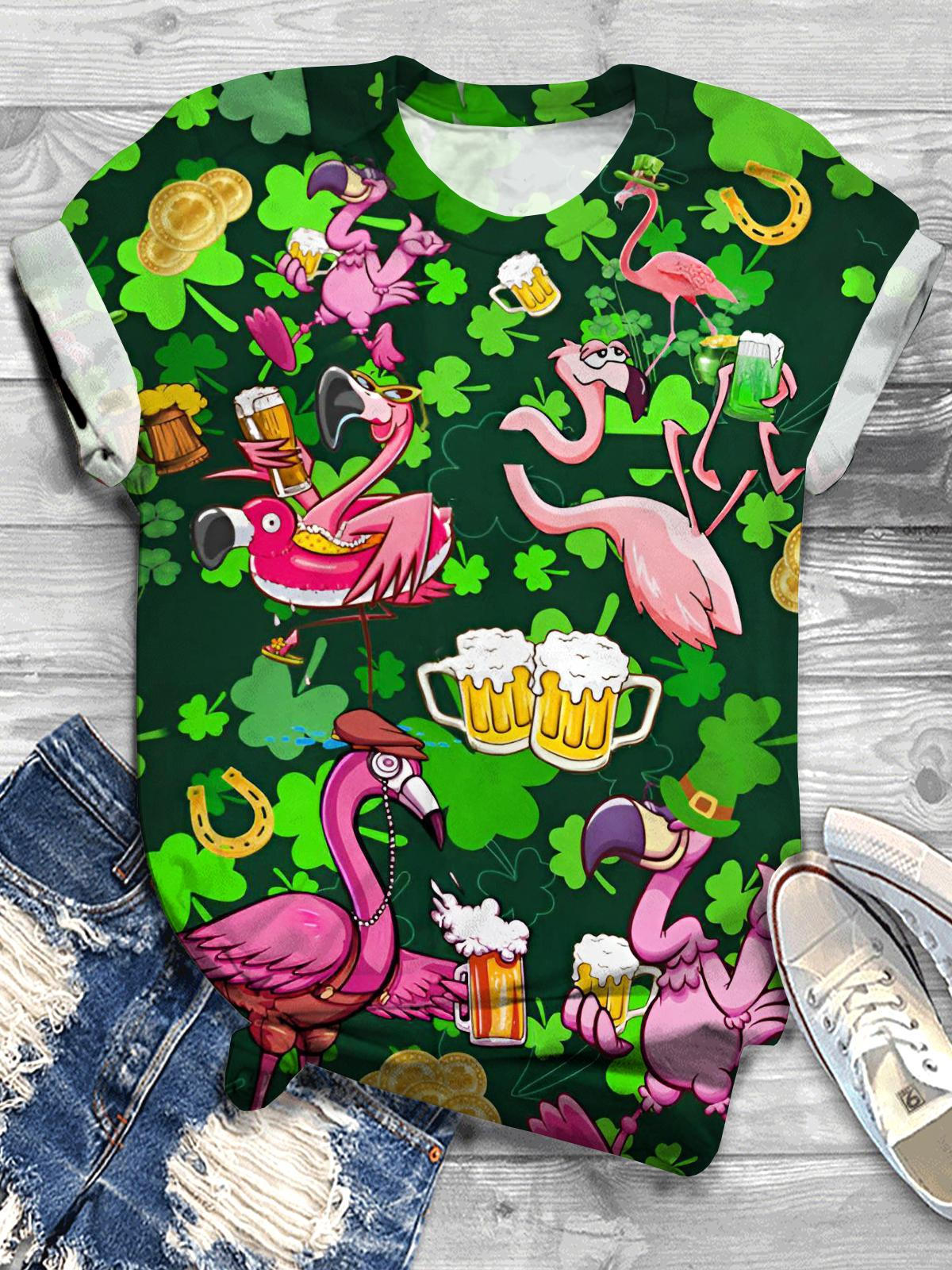 St. Patrick's Day Flamingo Beer Print Crew Neck T-shirt