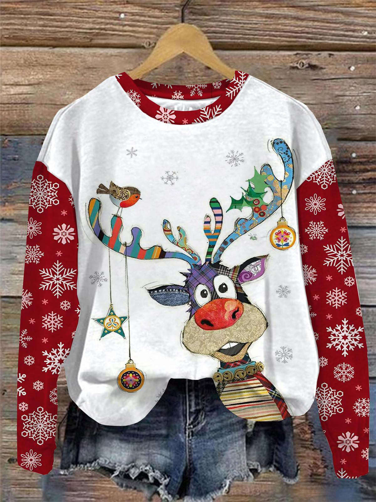 Christmas Deer Print Round Neck Long Sleeve Top