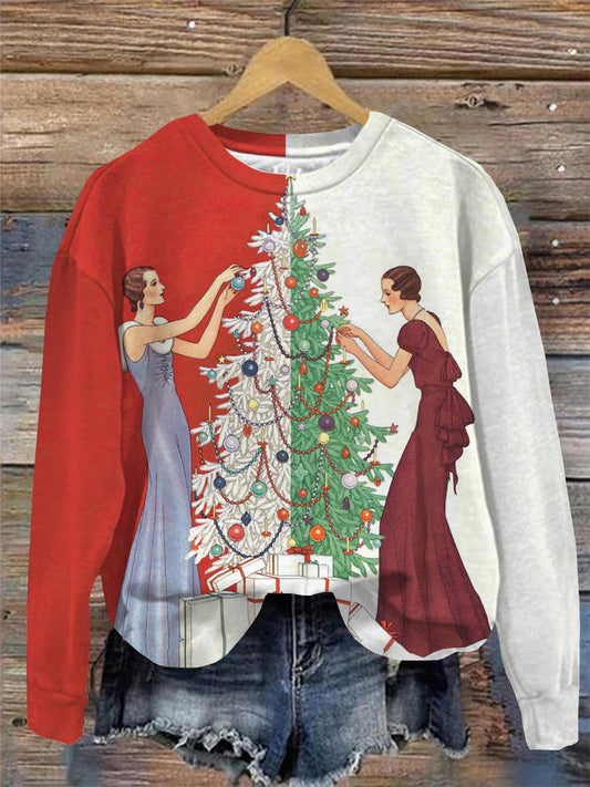 Christmas Tree With Girls Round Neck Long Sleeve Top