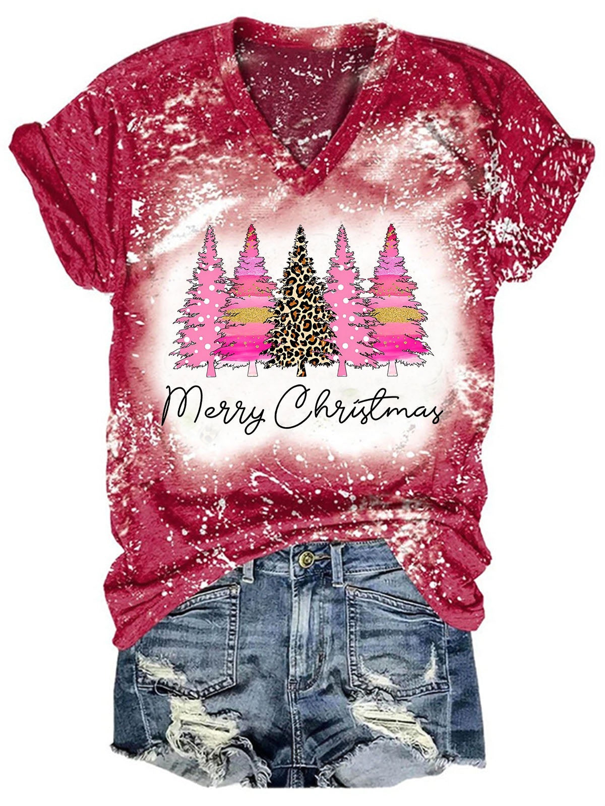 Christmas Tree Tie Dye V-Neck T-Shirt