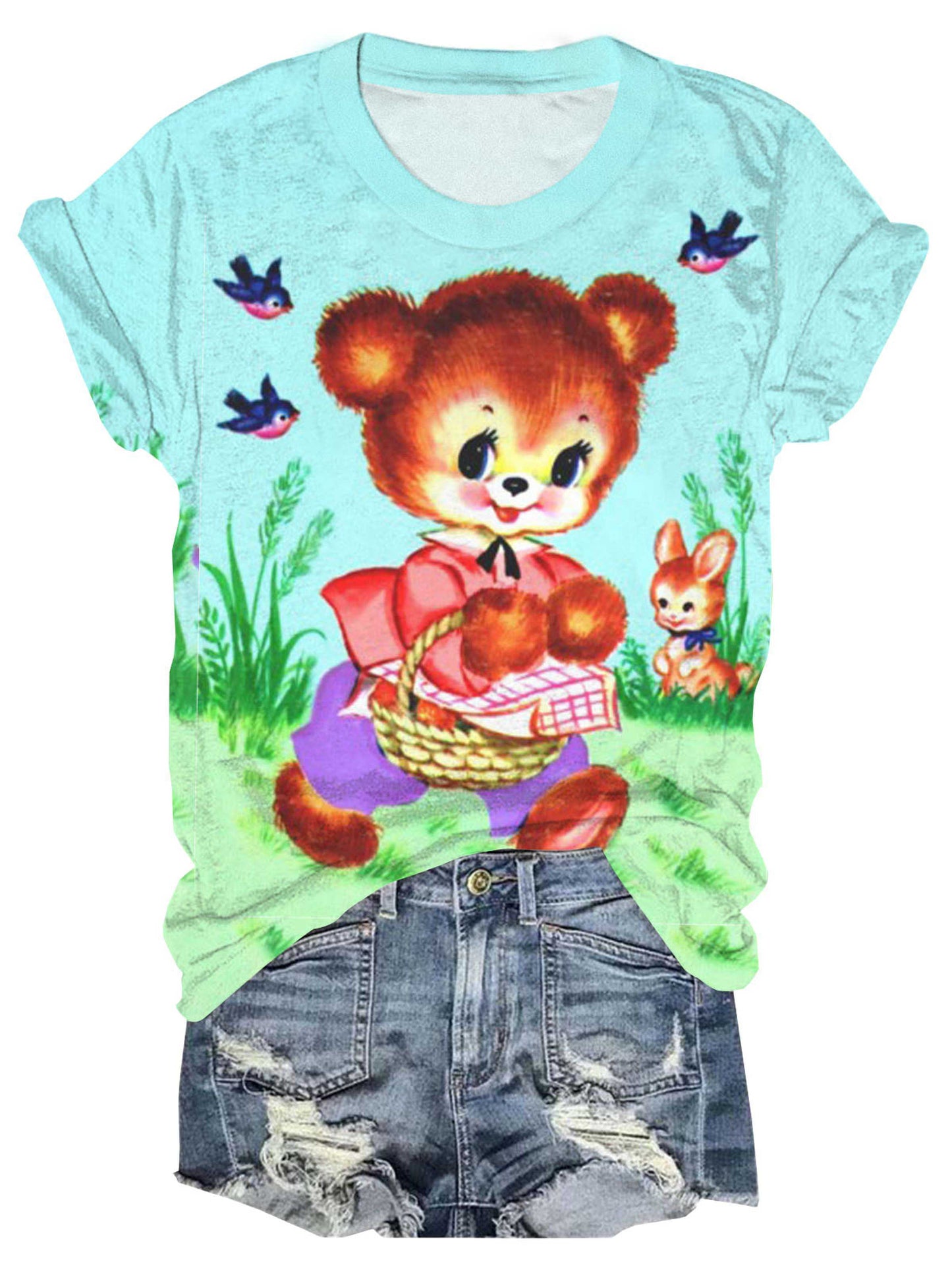 T-Shirt mit Rundhalsausschnitt und Teddybär-Print im Vintage Garden-Stil 