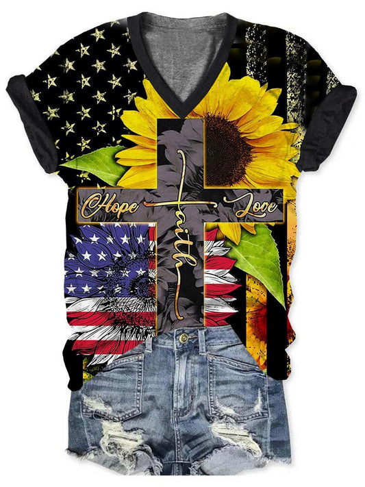 Women's Sunflower Flag Jesus Cross T-Shirt