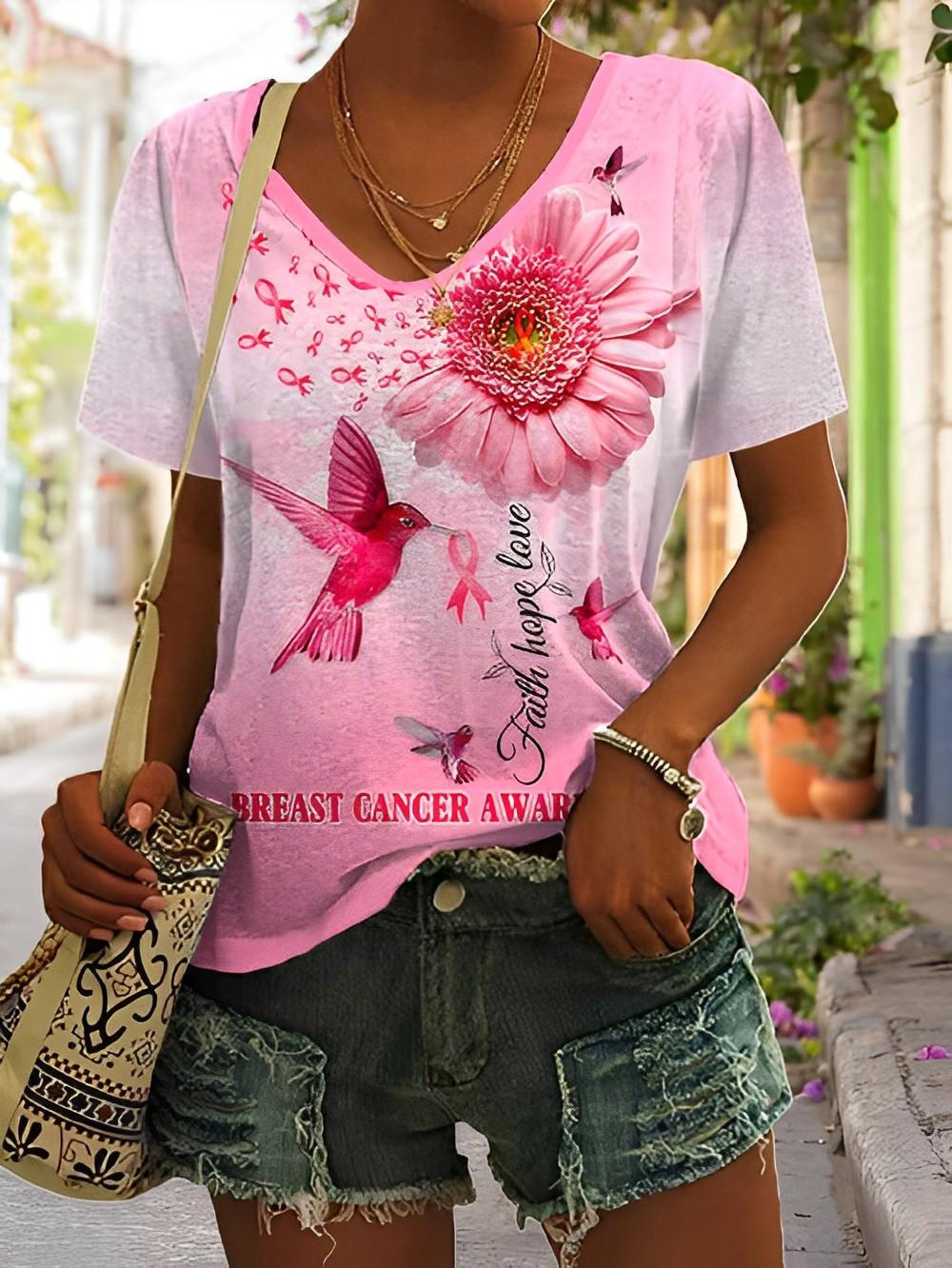 Faith Hope Love Breast Cancer Awareness Print T-Shirt