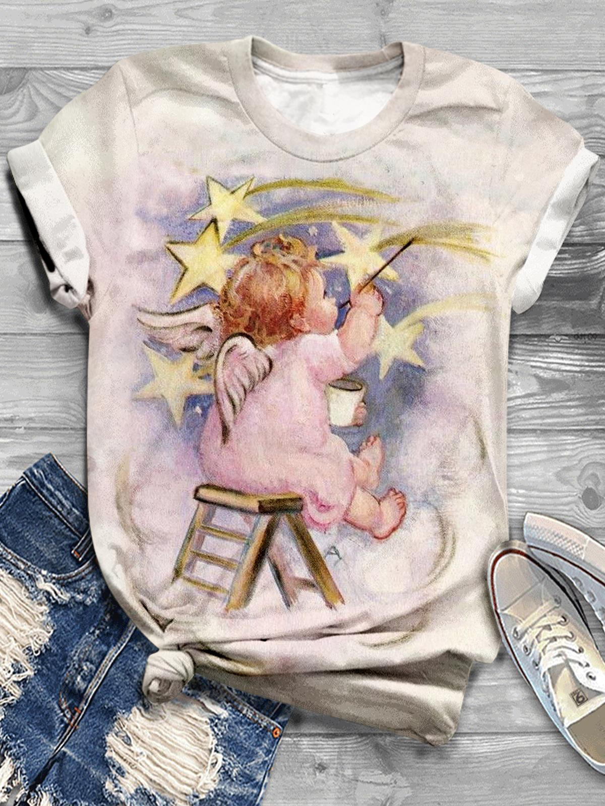 Painting Star Angel Crew Neck T-Shirt