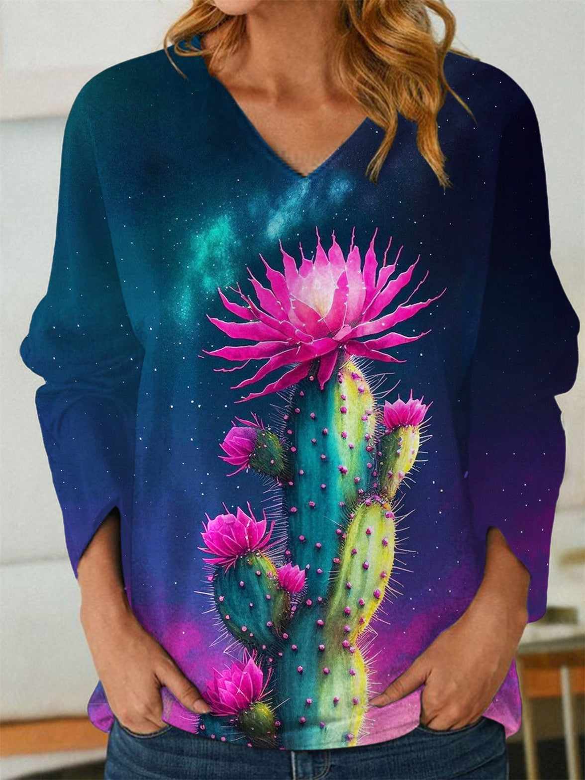 Women's Magic Cactus Print Long Sleeve V-Neck Top