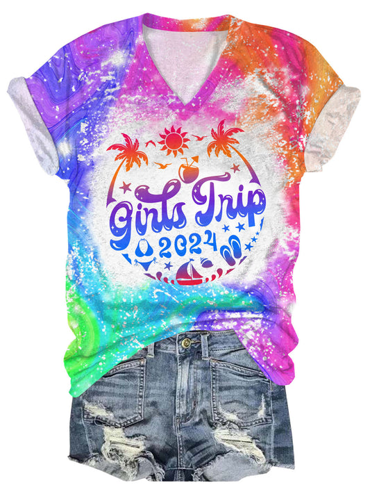 Girls Trip 2024 Print V-Neck Short Sleeve T-Shirt
