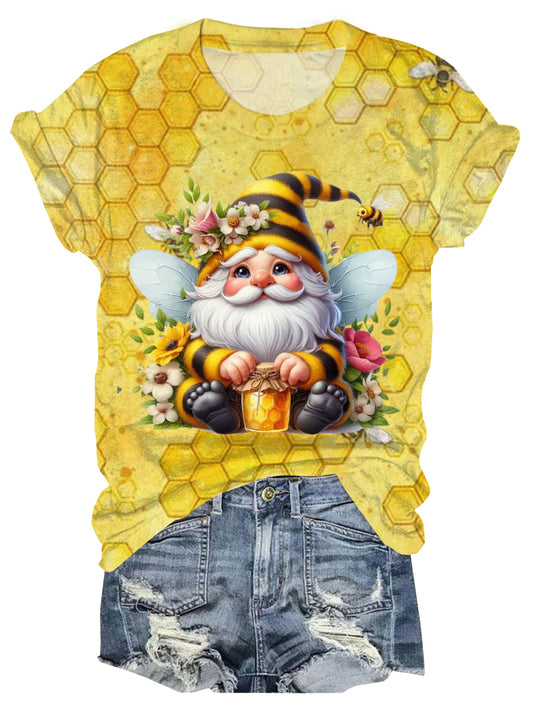 Floral Bee Gnome Crew Neck T-shirt