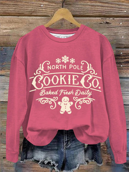 Christmas North Pole Cookie Print Round Neck Long Sleeve Top