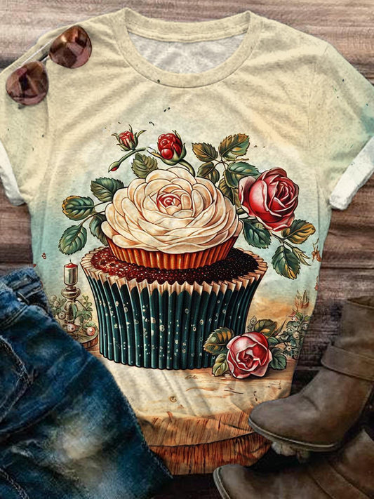 Flower Cupcake Crew Neck T-shirt
