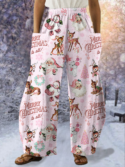 Vintage Pink Christmas Print Casual Pants