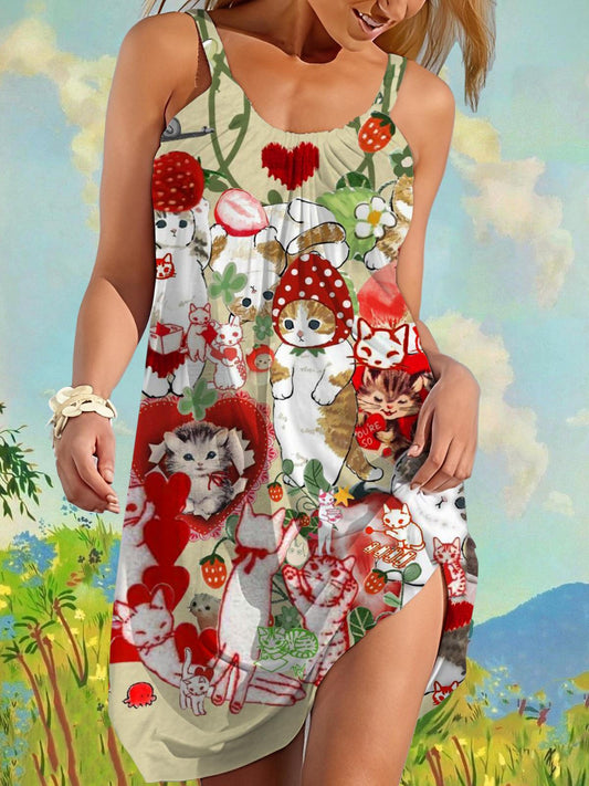 Strawberry Cat Print Casual Beach Dress